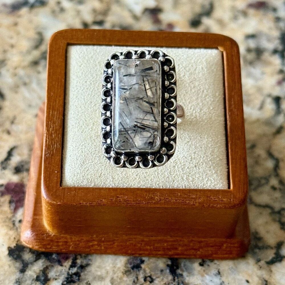 Black Rutilated Gemstone Statement Ring Sterling Silver Artisan Made Size 7 New